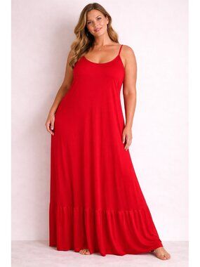 Womens Plus 3XL Long Soft Sheer Red Satin Cami Nightgown Lounge Wear Dress